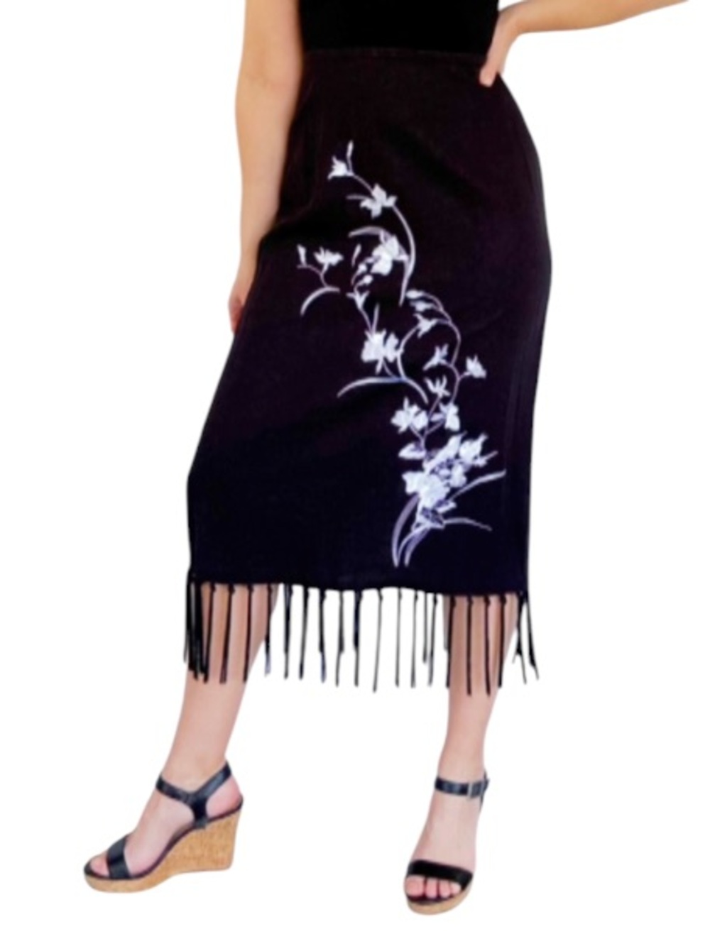 Vintage John Roberts linen black embroidered floral bird tassel trim skirt 12P